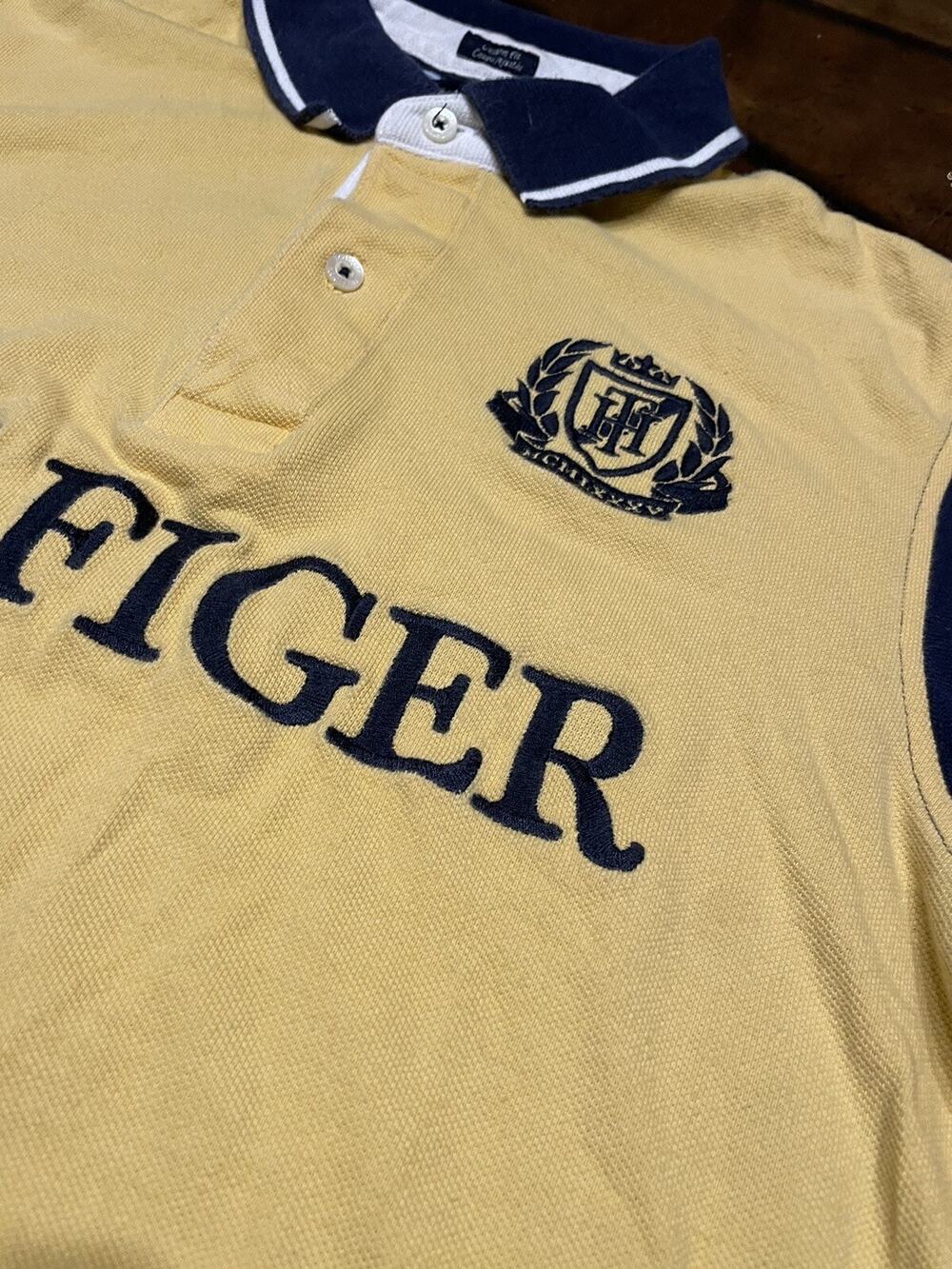 Tommy Hilfiger Polo Shirt Mens Medium Yellow Blue Striped Spell Out Rugby Vintag